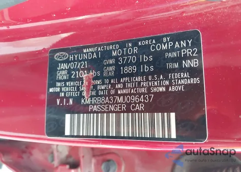 2021 Hyundai Venue Se z USA, uszkodzony, nr VIN KMHRB8A37MU096437